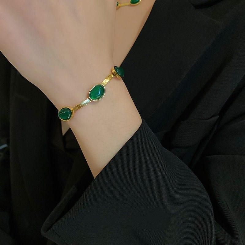Emerald-Cut Green Crystal Pendant & Bracelet Set | 18K Gold Plated