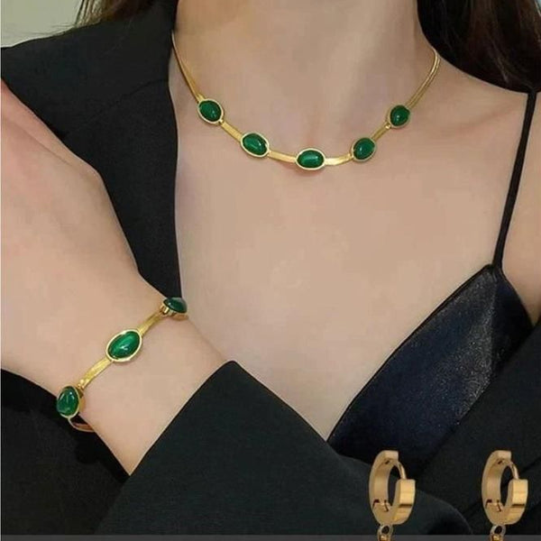 Emerald-Cut Green Crystal Pendant & Bracelet Set | 18K Gold Plated