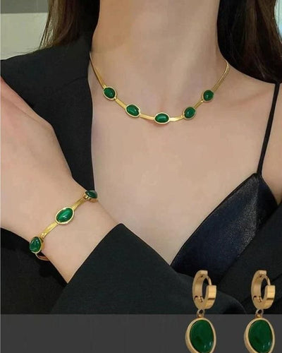 Emerald-Cut Green Crystal Pendant & Bracelet Set | 18K Gold Plated