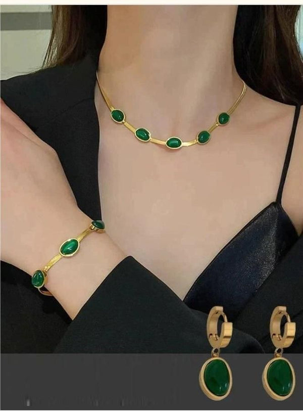 Emerald-Cut Green Crystal Pendant & Bracelet Set | 18K Gold Plated